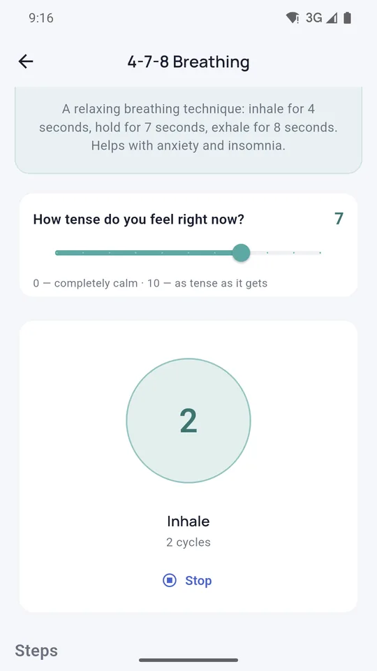 Luther breathing exercise screen: 4-7-8 breathing with a tension check
