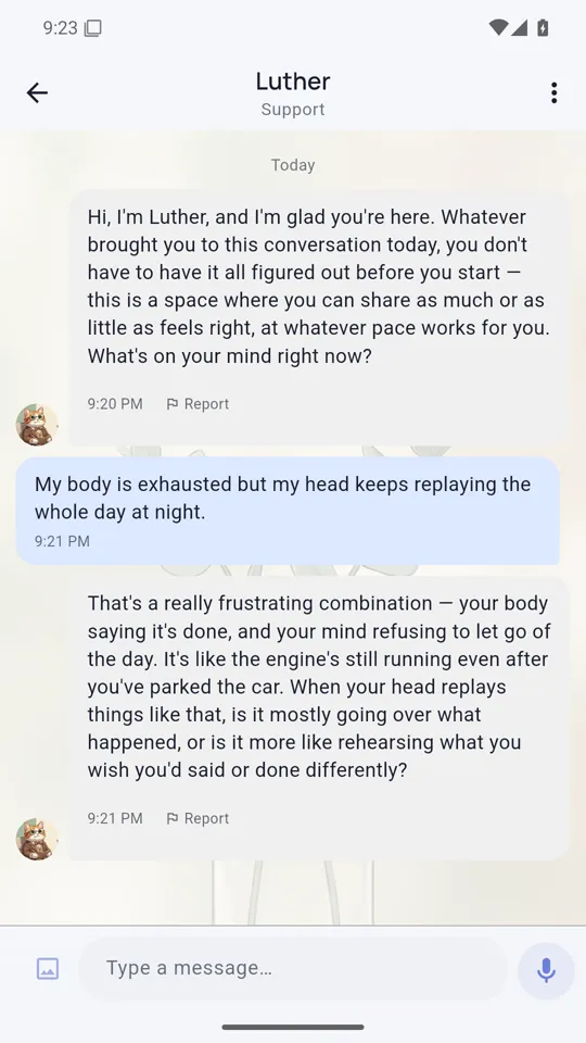 Luther chat screen: a late-evening conversation about a racing mind